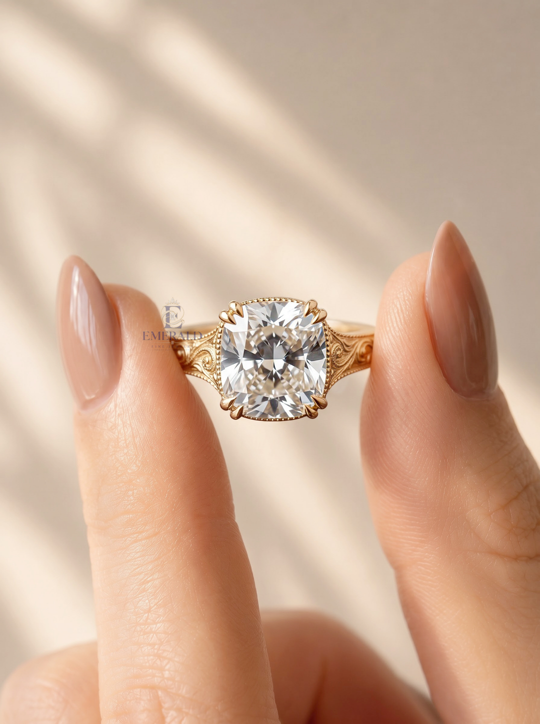 3.0CT Cushion Cut Lab Grown Diamond Vintage Scroll Engraved Milgrain Engagement Ring