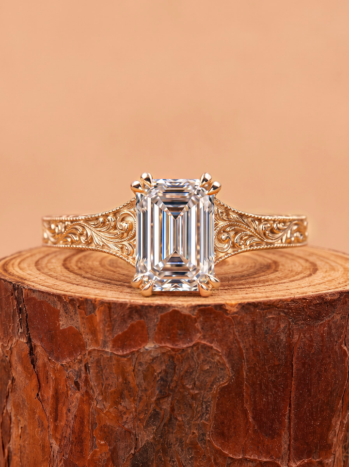 3.0CT Emerald Cut Lab Grown Diamond Double Prong Vintage Milgrain Engagement Ring