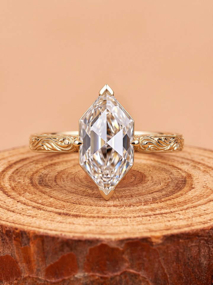 1.0CT to 3.0CT Elongated Hexagon Rose Cut Lab Grown Diamond Vintage Filigree Engagement Ring