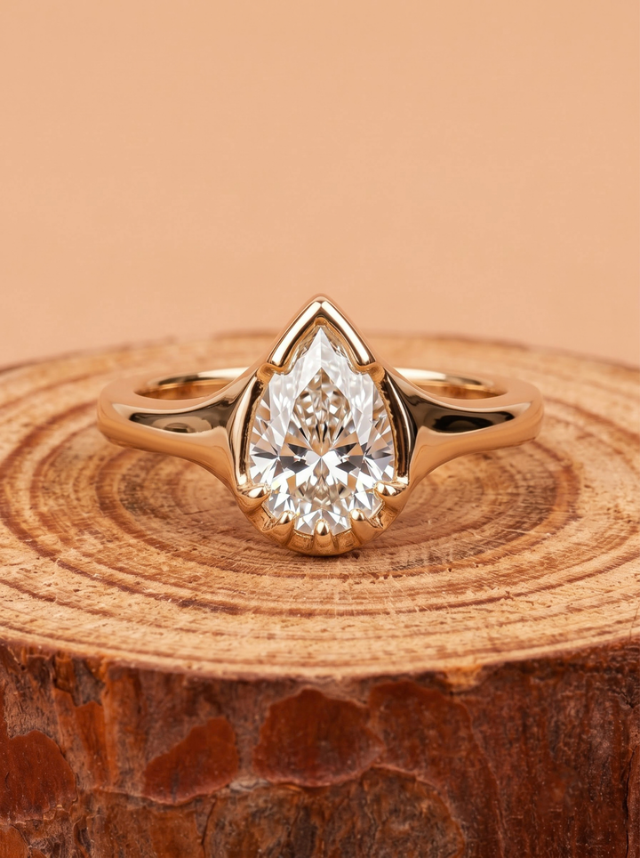 1.0CT to 3.0CT Pear Lab Grown Diamond Unique Sculptural Bezel Set Engagement Ring