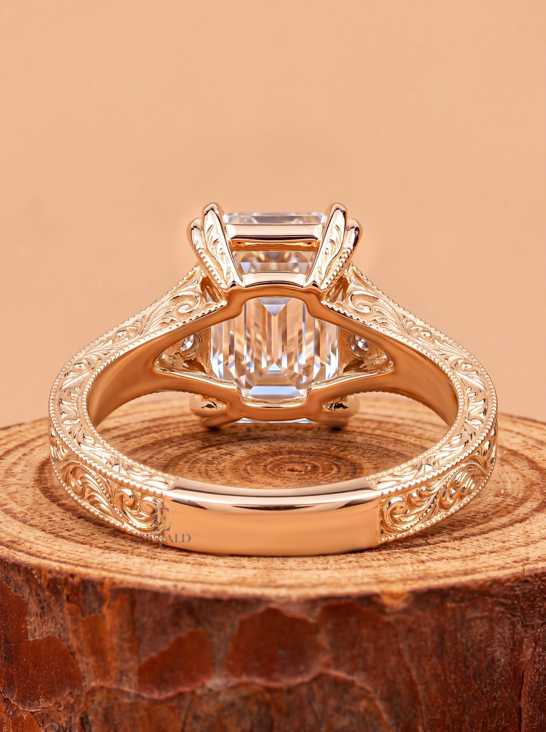 3.0CT Emerald Cut Lab Grown Diamond Double Prong Vintage Milgrain Engagement Ring