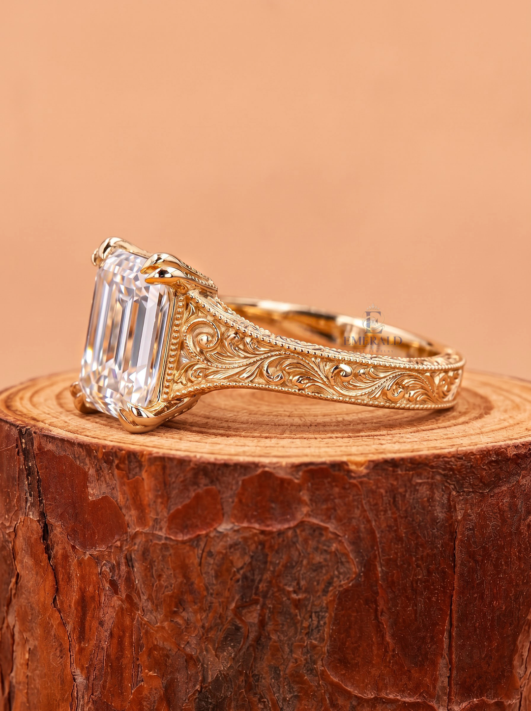 3.0CT Emerald Cut Lab Grown Diamond Double Prong Vintage Milgrain Engagement Ring