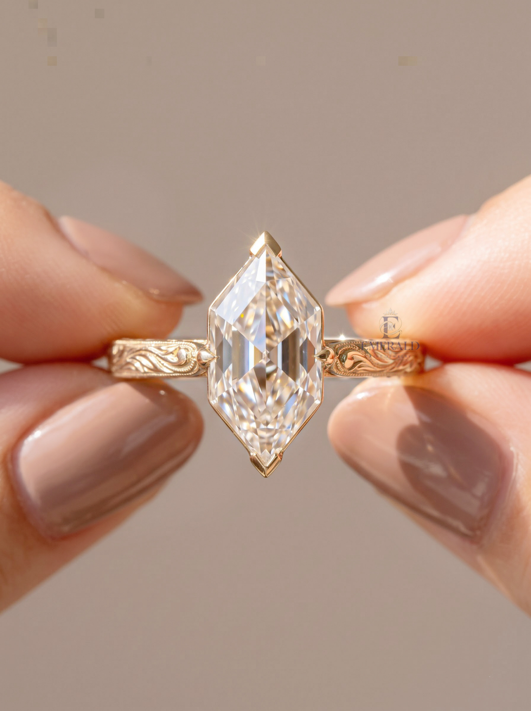 1.0CT to 3.0CT Elongated Hexagon Rose Cut Lab Grown Diamond Vintage Filigree Engagement Ring