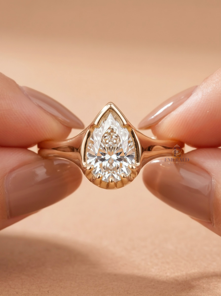 1.0CT to 3.0CT Pear Lab Grown Diamond Unique Sculptural Bezel Set Engagement Ring