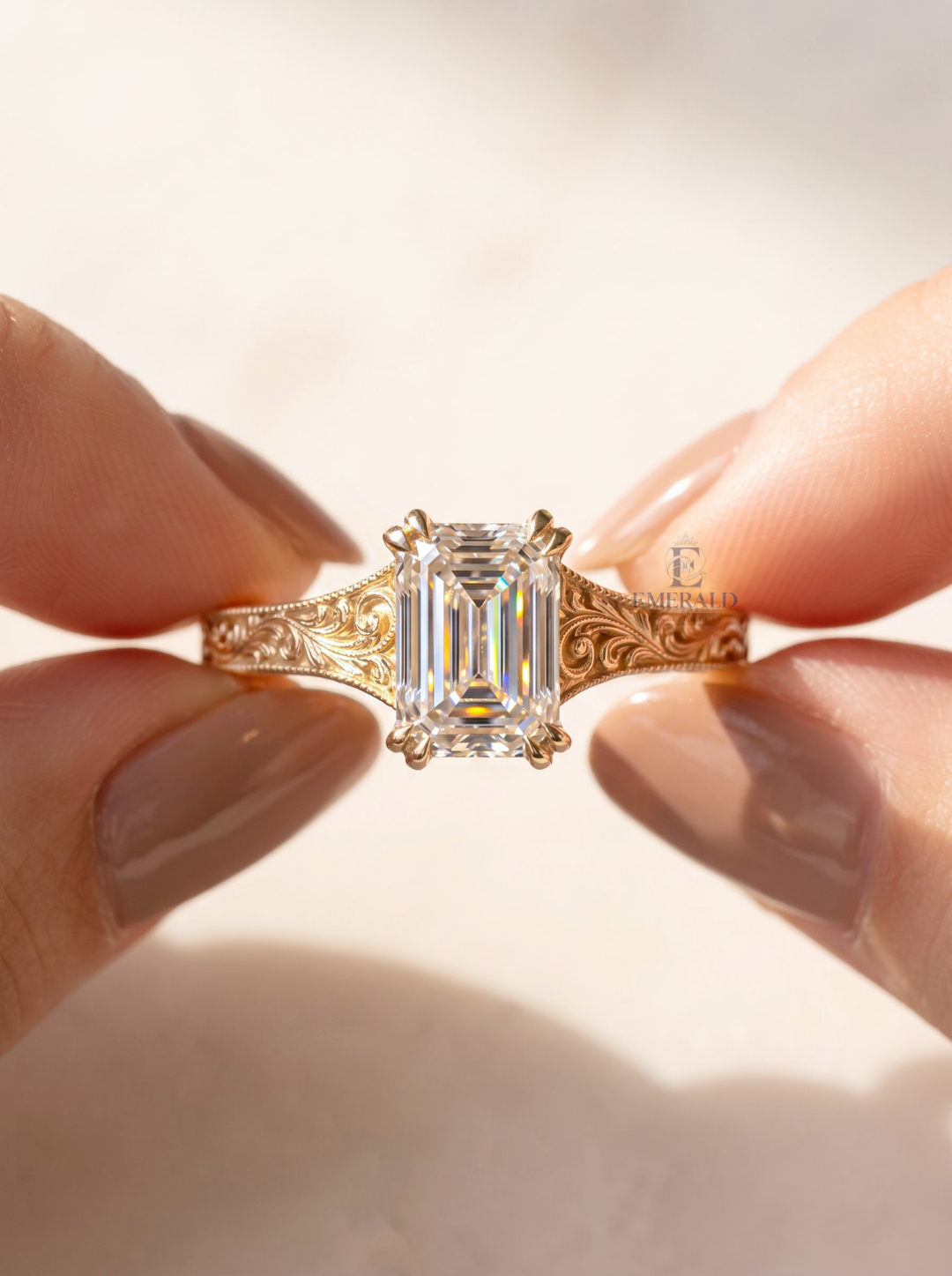 3.0CT Emerald Cut Lab Grown Diamond Double Prong Vintage Milgrain Engagement Ring