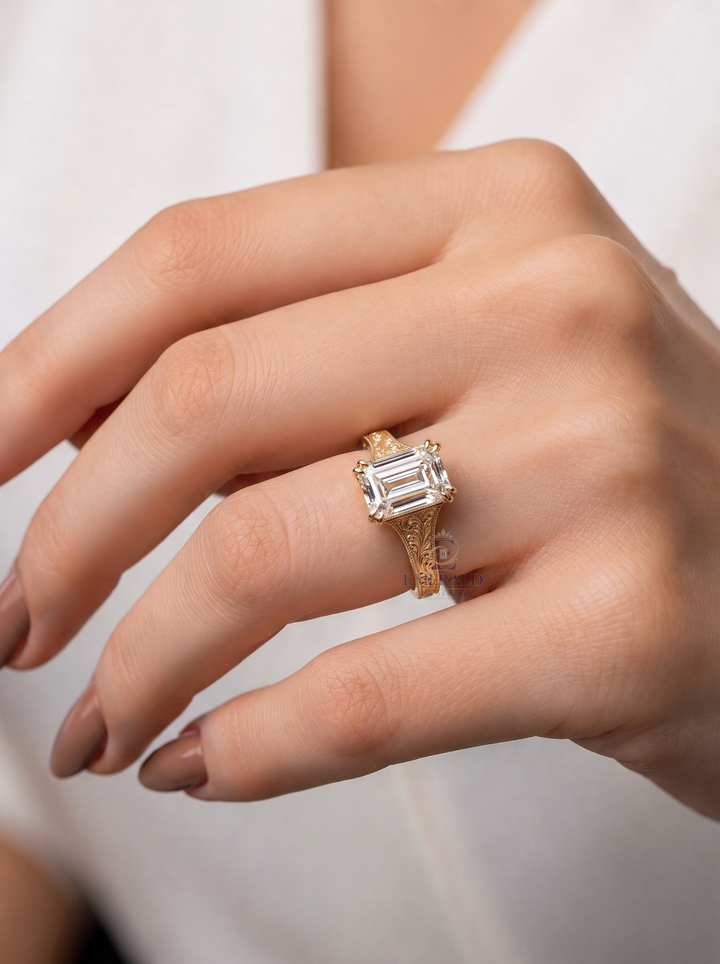 3.0CT Emerald Cut Lab Grown Diamond Double Prong Vintage Milgrain Engagement Ring