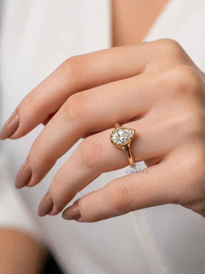 1.0CT to 3.0CT Pear Lab Grown Diamond Unique Sculptural Bezel Set Engagement Ring