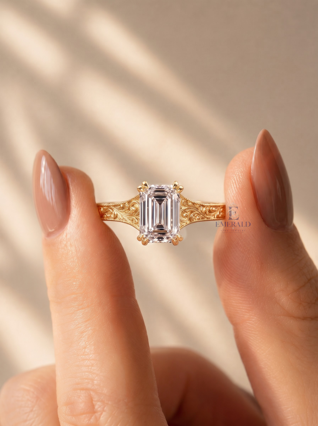 3.0CT Emerald Cut Lab Grown Diamond Double Prong Vintage Milgrain Engagement Ring