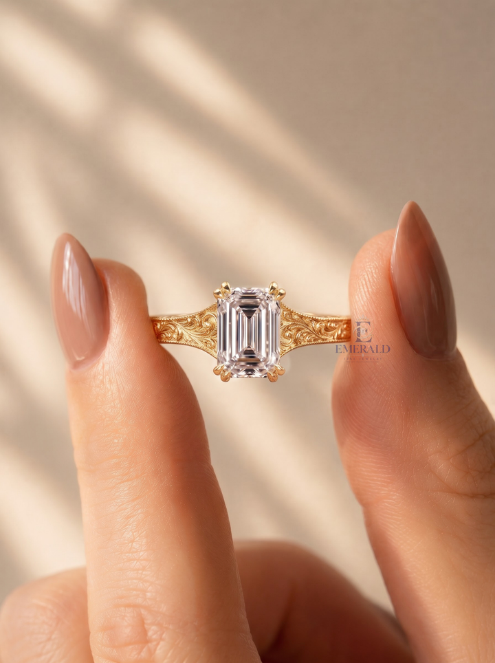 3.0CT Emerald Cut Lab Grown Diamond Double Prong Vintage Milgrain Engagement Ring