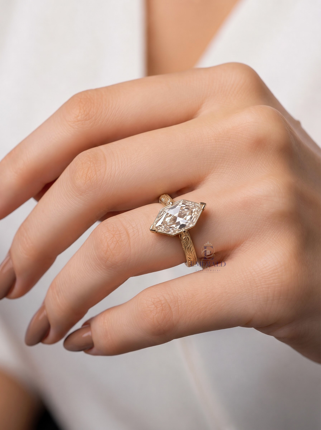 1.0CT to 3.0CT Elongated Hexagon Rose Cut Lab Grown Diamond Vintage Filigree Engagement Ring