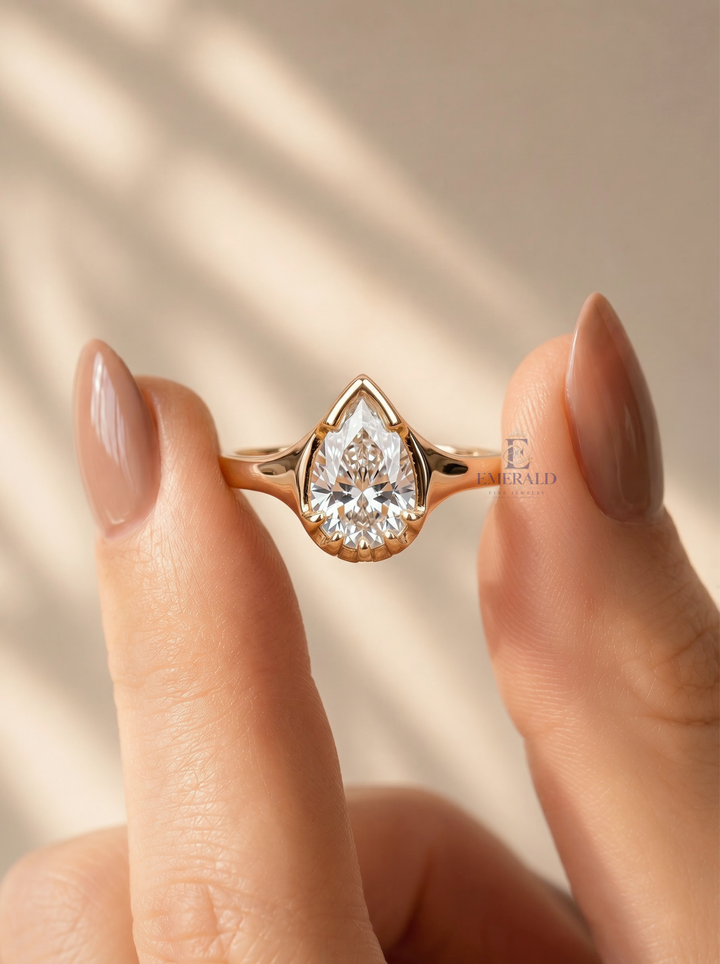 1.0CT to 3.0CT Pear Lab Grown Diamond Unique Sculptural Bezel Set Engagement Ring