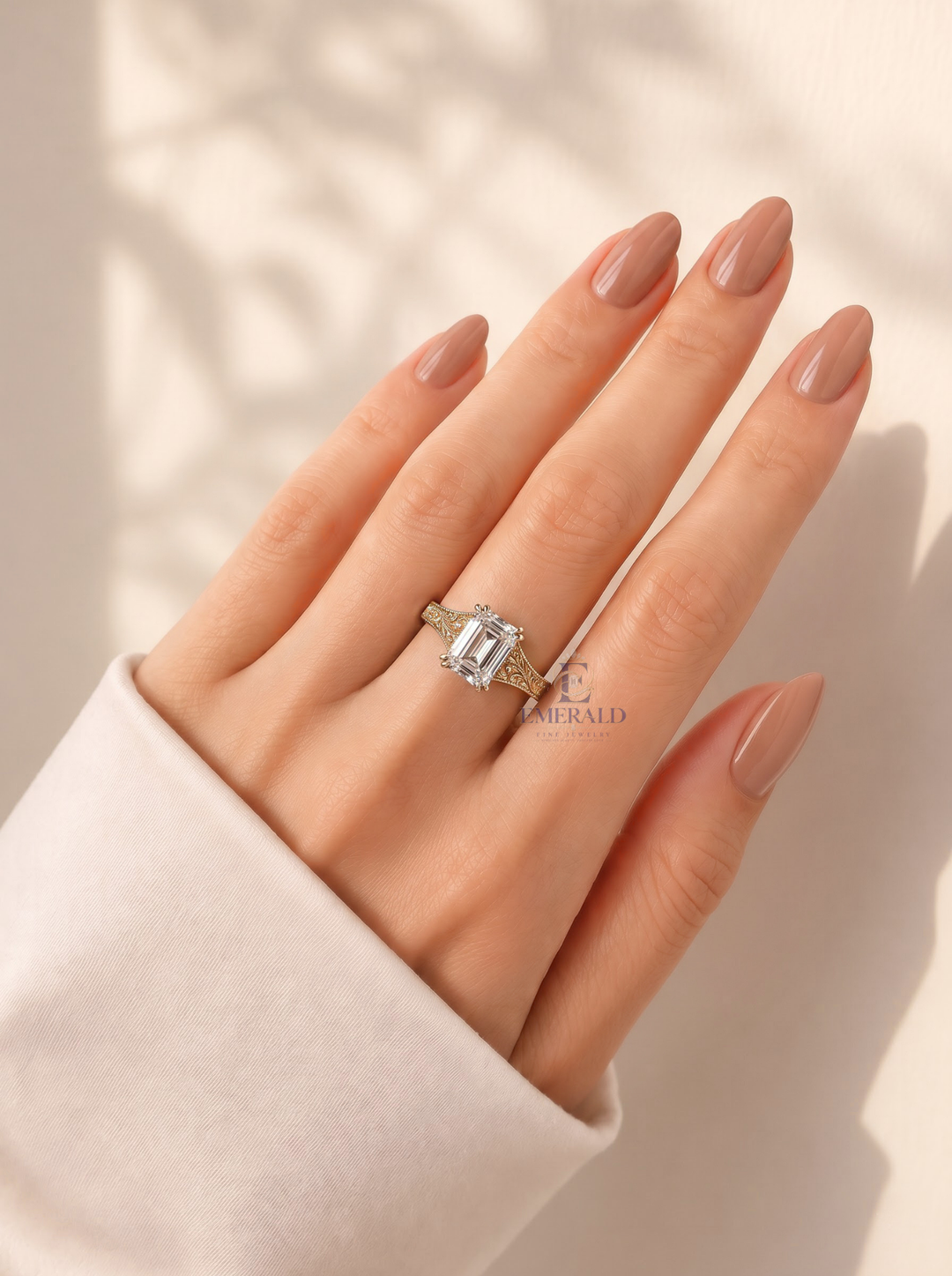 3.0CT Emerald Cut Lab Grown Diamond Double Prong Vintage Milgrain Engagement Ring