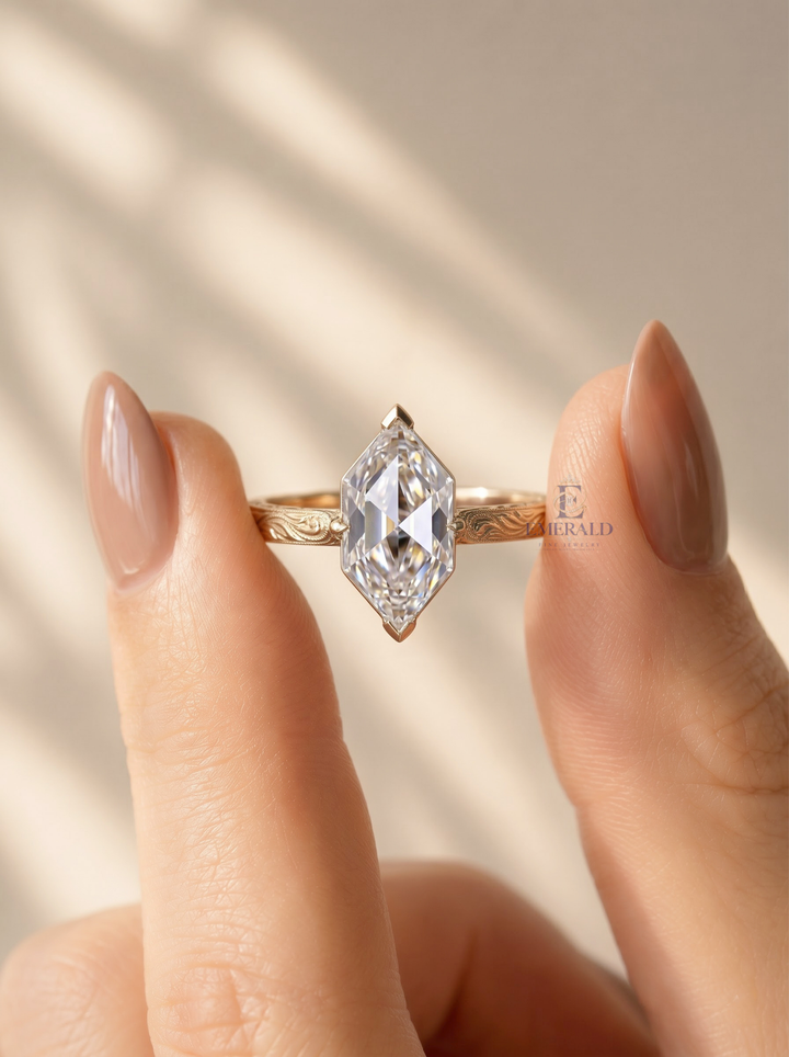 1.0CT to 3.0CT Elongated Hexagon Rose Cut Lab Grown Diamond Vintage Filigree Engagement Ring