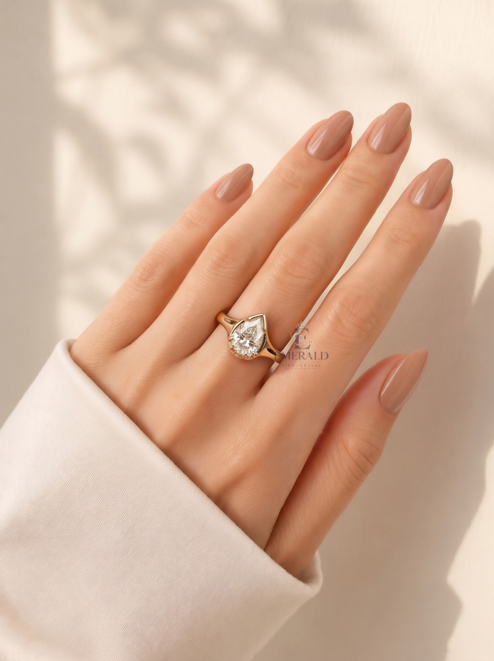 1.0CT to 3.0CT Pear Lab Grown Diamond Unique Sculptural Bezel Set Engagement Ring