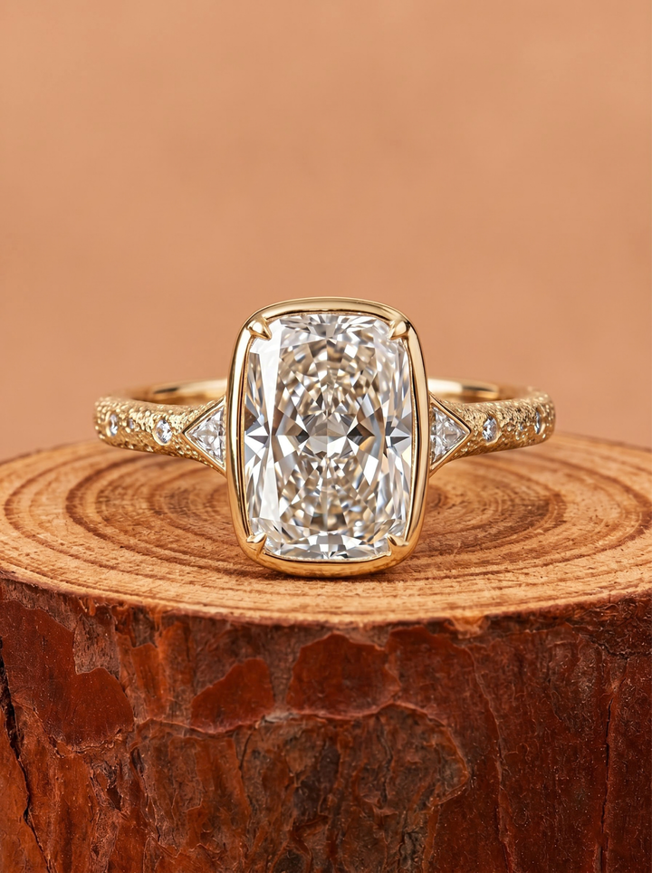 3.0CT Elongated Cushion Lab Grown Diamond Bezel Set Vintage Three Stone Engagement Ring