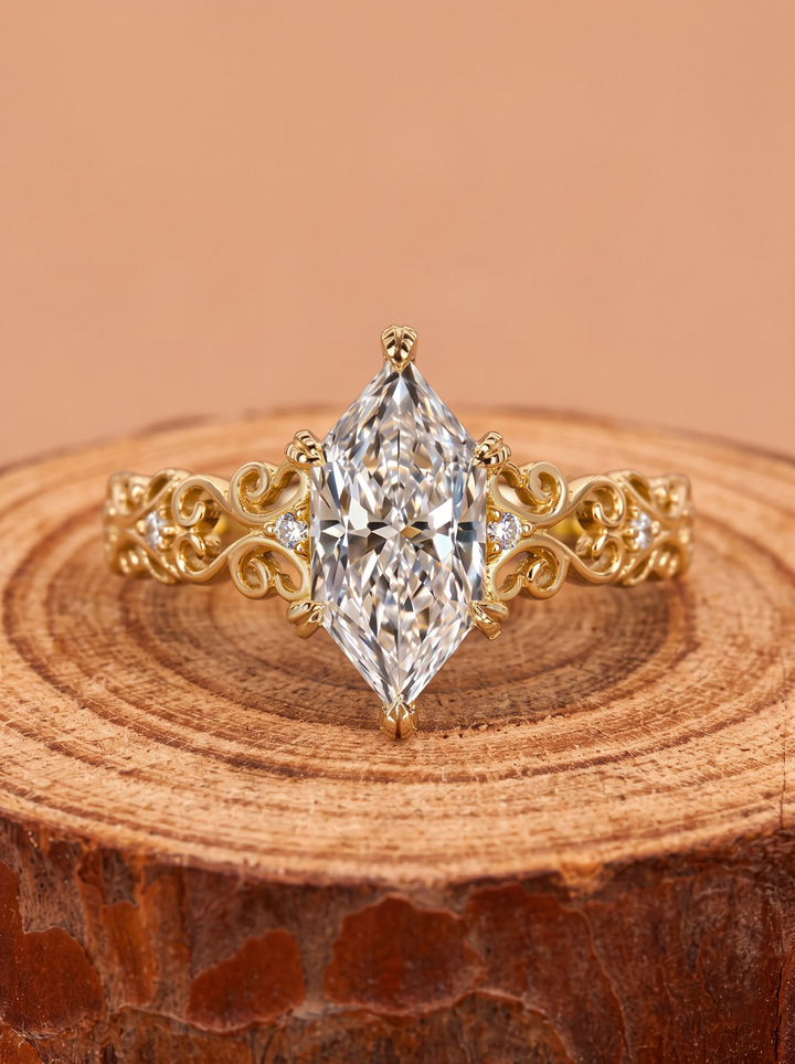3.0CT Dutch Marquise Lab Grown Diamond Antique Scrollwork Filigree Engagement Ring