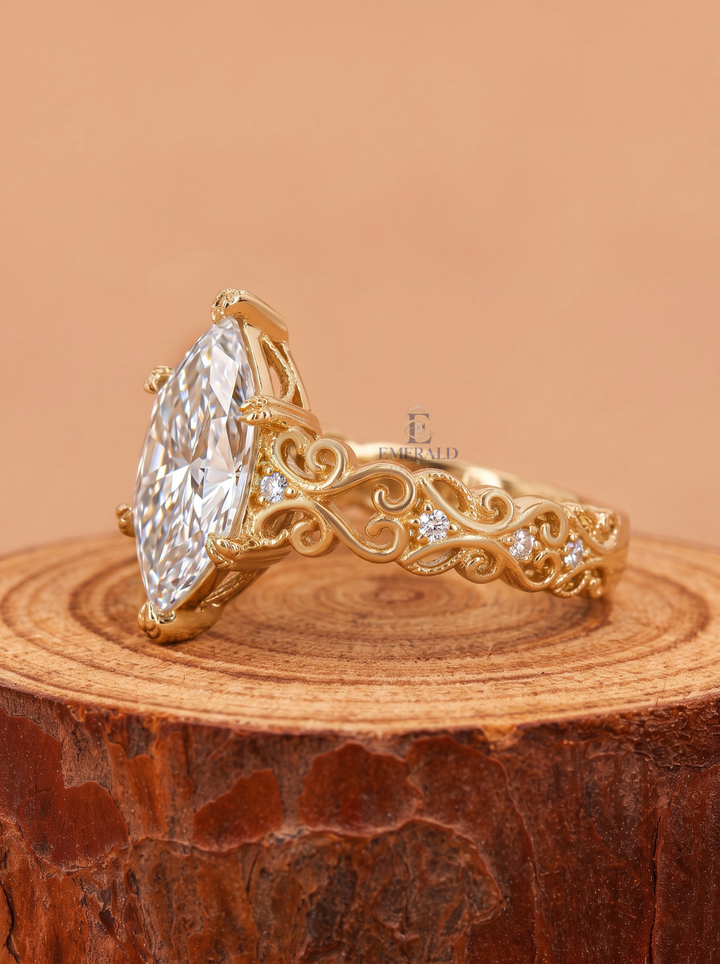 3.0CT Dutch Marquise Lab Grown Diamond Antique Scrollwork Filigree Engagement Ring