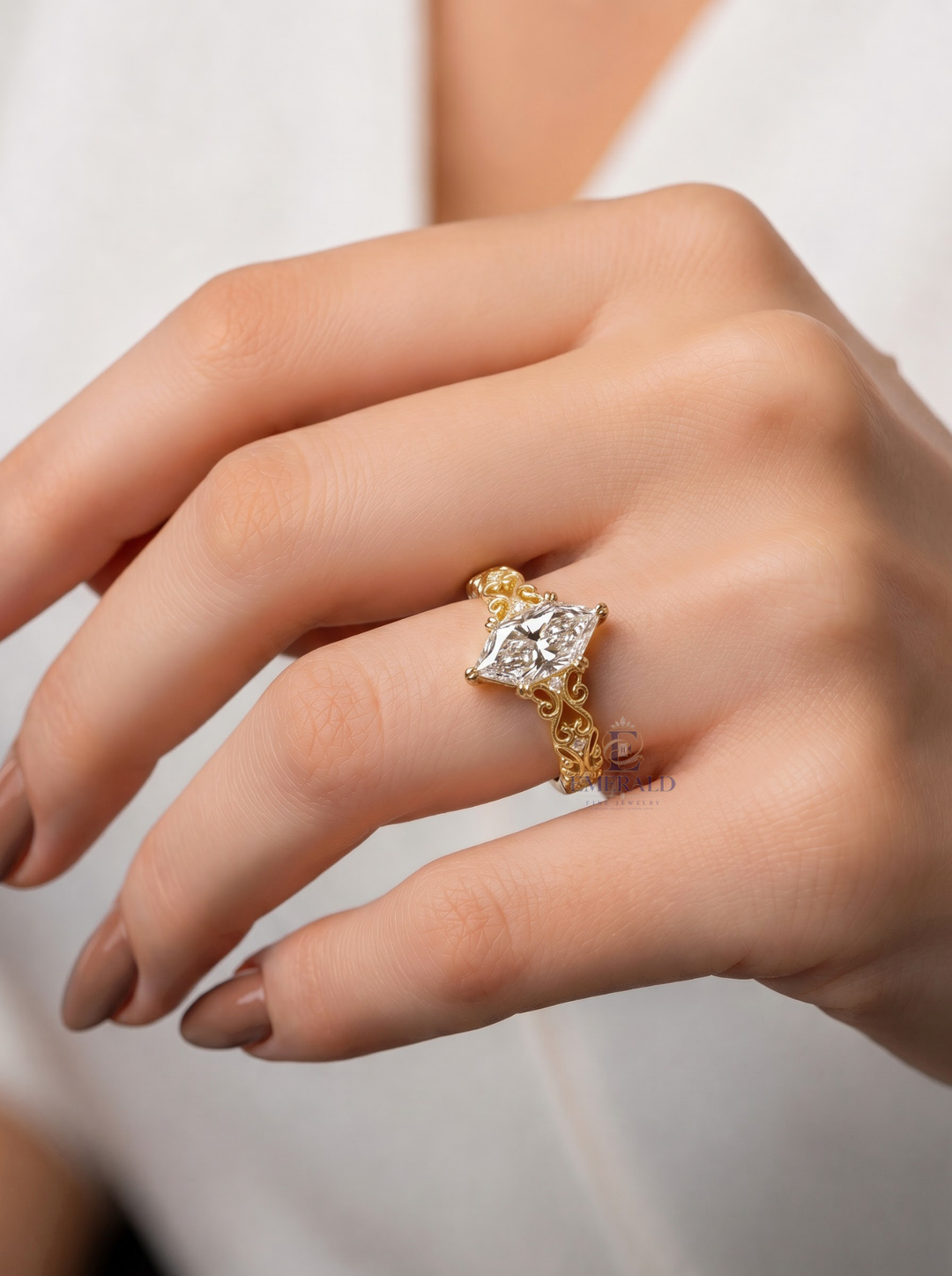 3.0CT Dutch Marquise Lab Grown Diamond Antique Scrollwork Filigree Engagement Ring