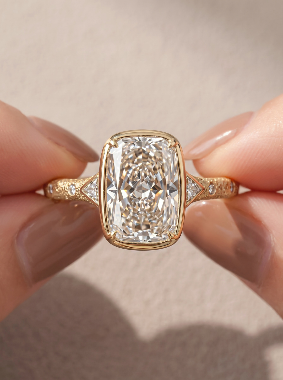 3.0CT Elongated Cushion Lab Grown Diamond Bezel Set Vintage Three Stone Engagement Ring