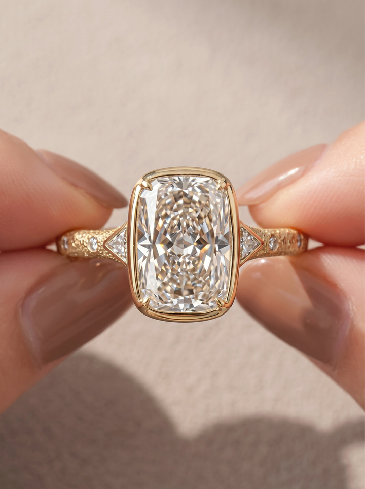 3.0CT Elongated Cushion Lab Grown Diamond Bezel Set Vintage Three Stone Engagement Ring
