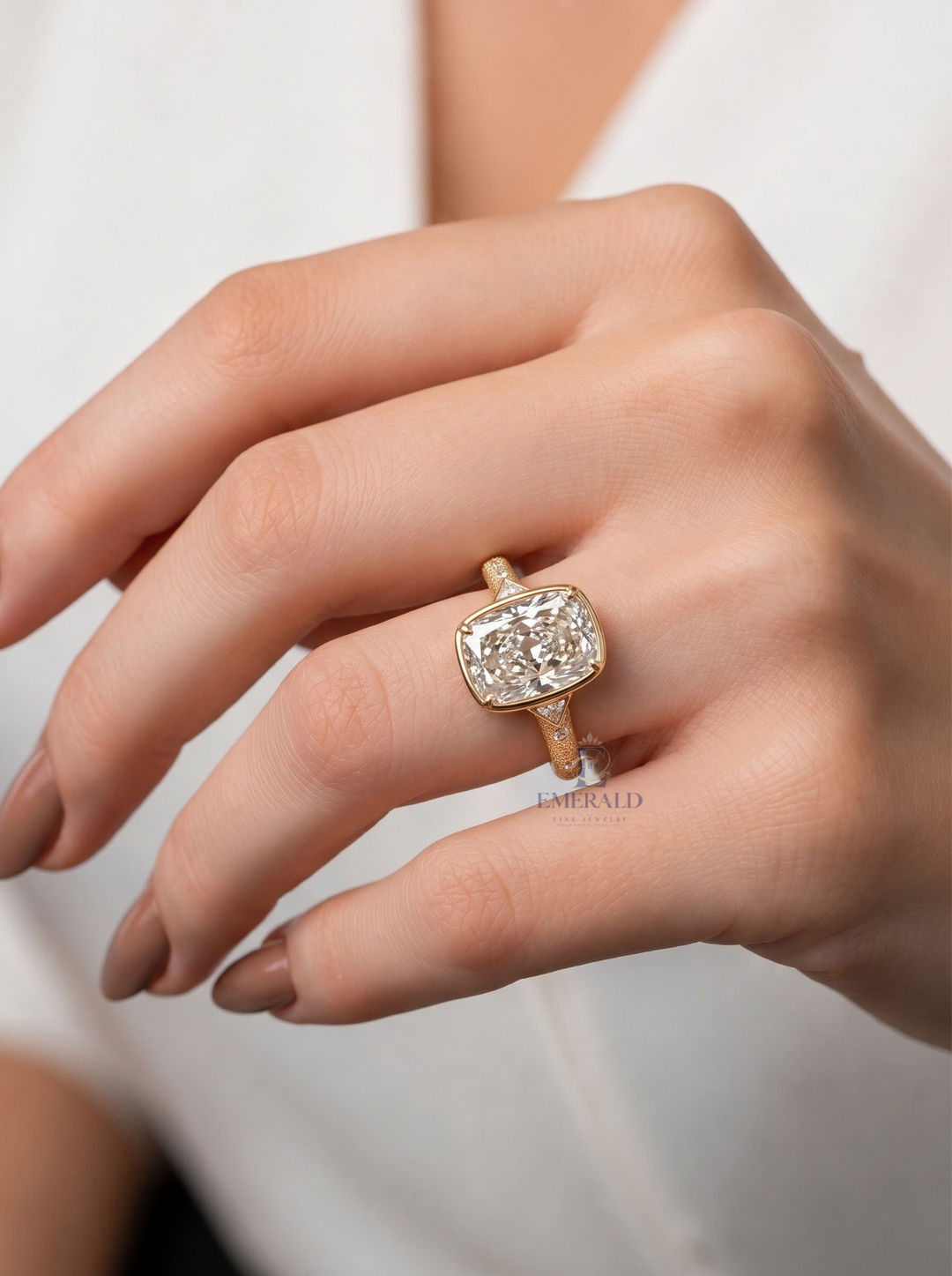3.0CT Elongated Cushion Lab Grown Diamond Bezel Set Vintage Three Stone Engagement Ring