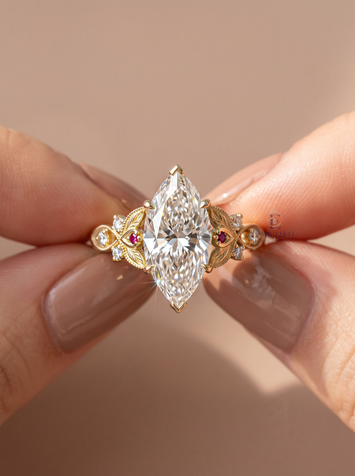 3.0CT Marquise Lab Grown Diamond Ruby Accent Vintage Engagement Ring
