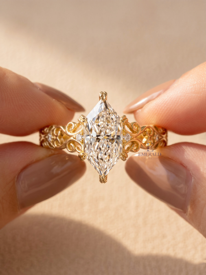 3.0CT Dutch Marquise Lab Grown Diamond Antique Scrollwork Filigree Engagement Ring