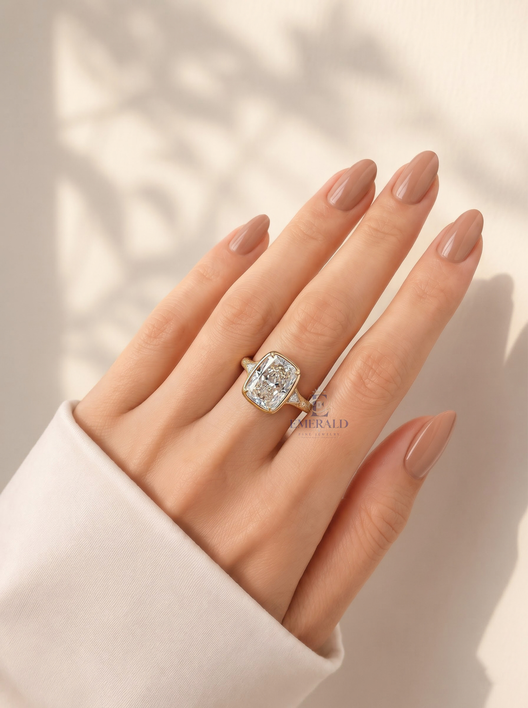 3.0CT Elongated Cushion Lab Grown Diamond Bezel Set Vintage Three Stone Engagement Ring