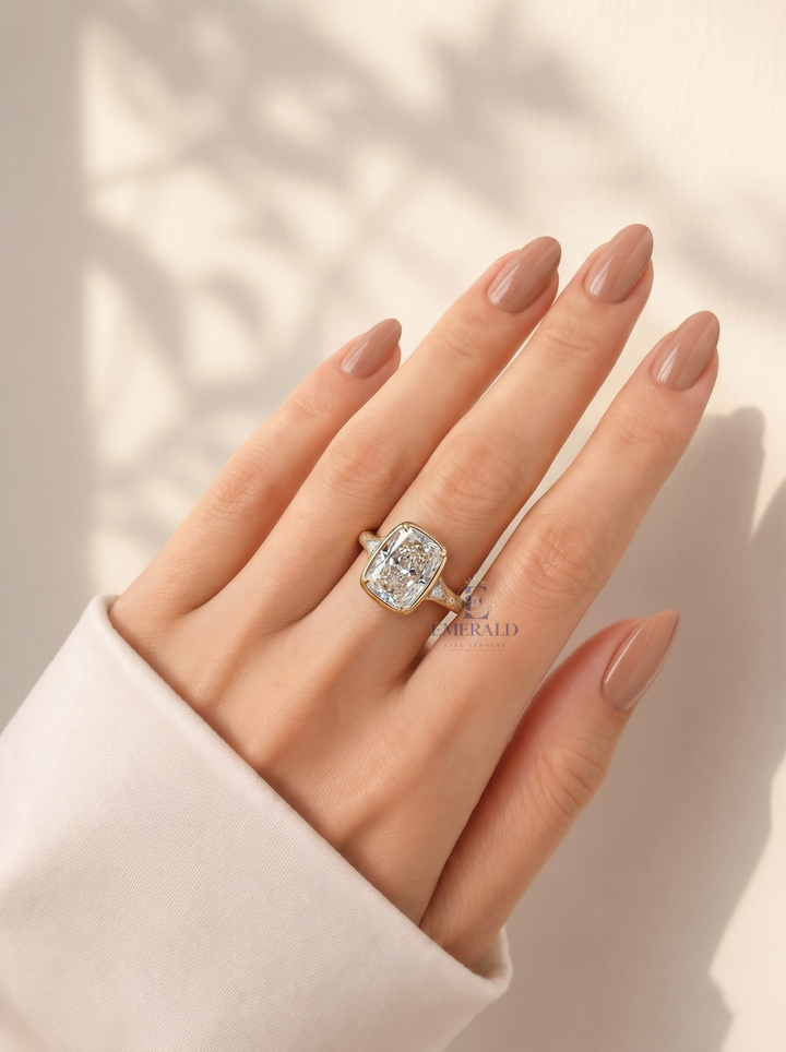 3.0CT Elongated Cushion Lab Grown Diamond Bezel Set Vintage Three Stone Engagement Ring