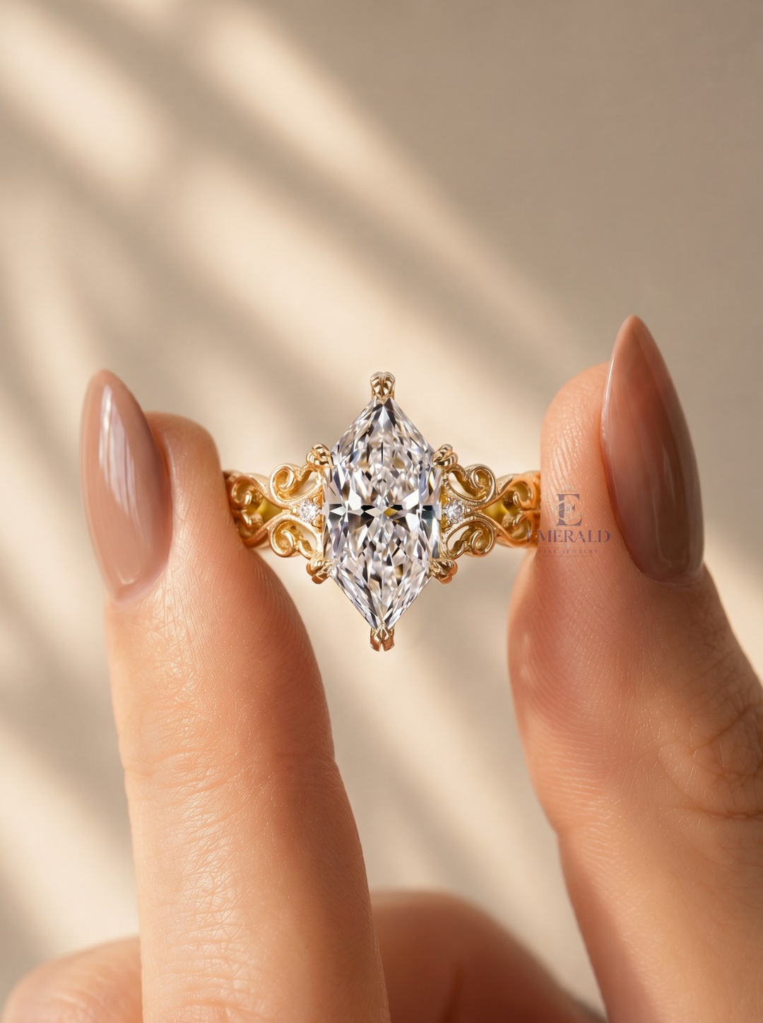 3.0CT Dutch Marquise Lab Grown Diamond Antique Scrollwork Filigree Engagement Ring