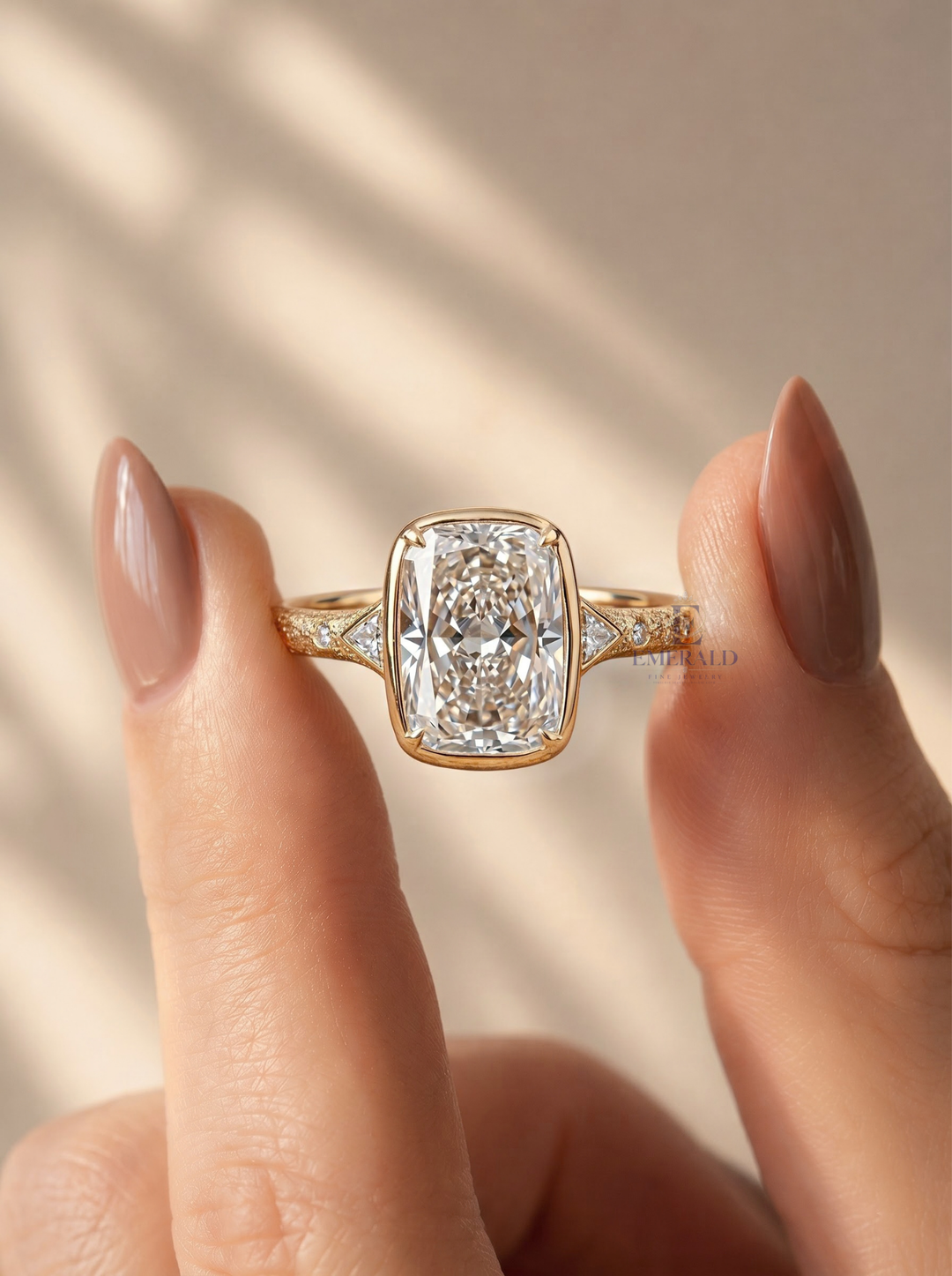 3.0CT Elongated Cushion Lab Grown Diamond Bezel Set Vintage Three Stone Engagement Ring