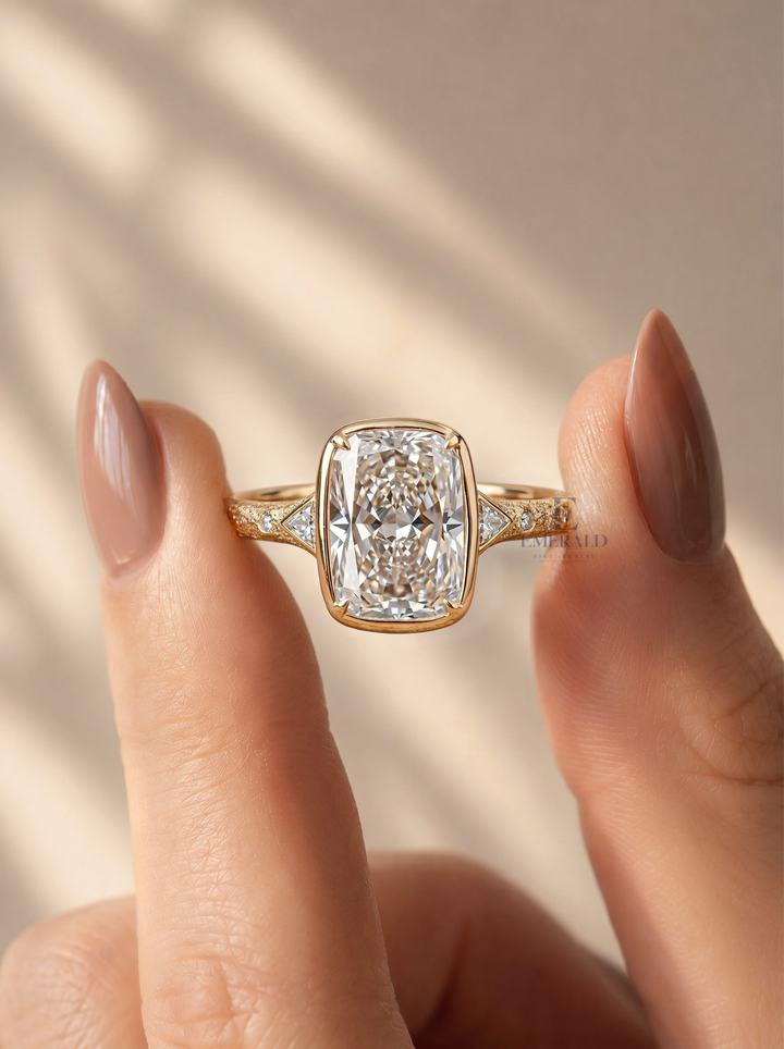 3.0CT Elongated Cushion Lab Grown Diamond Bezel Set Vintage Three Stone Engagement Ring
