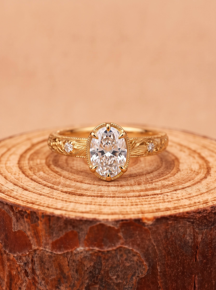 2.0CT Oval Lab Grown Diamond Vintage Engraved Bezel Set Solitaire Engagement Ring