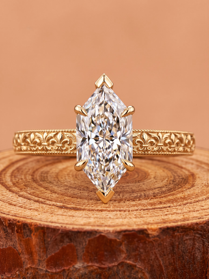 1.0CT to 3.0CT Elongated Hexagon Lab Grown Diamond Antique Engraved Solitaire Engagement Ring