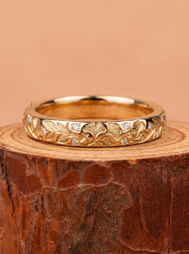Vintage Floral Engraved Lab Grown Diamond Wedding Band For Her