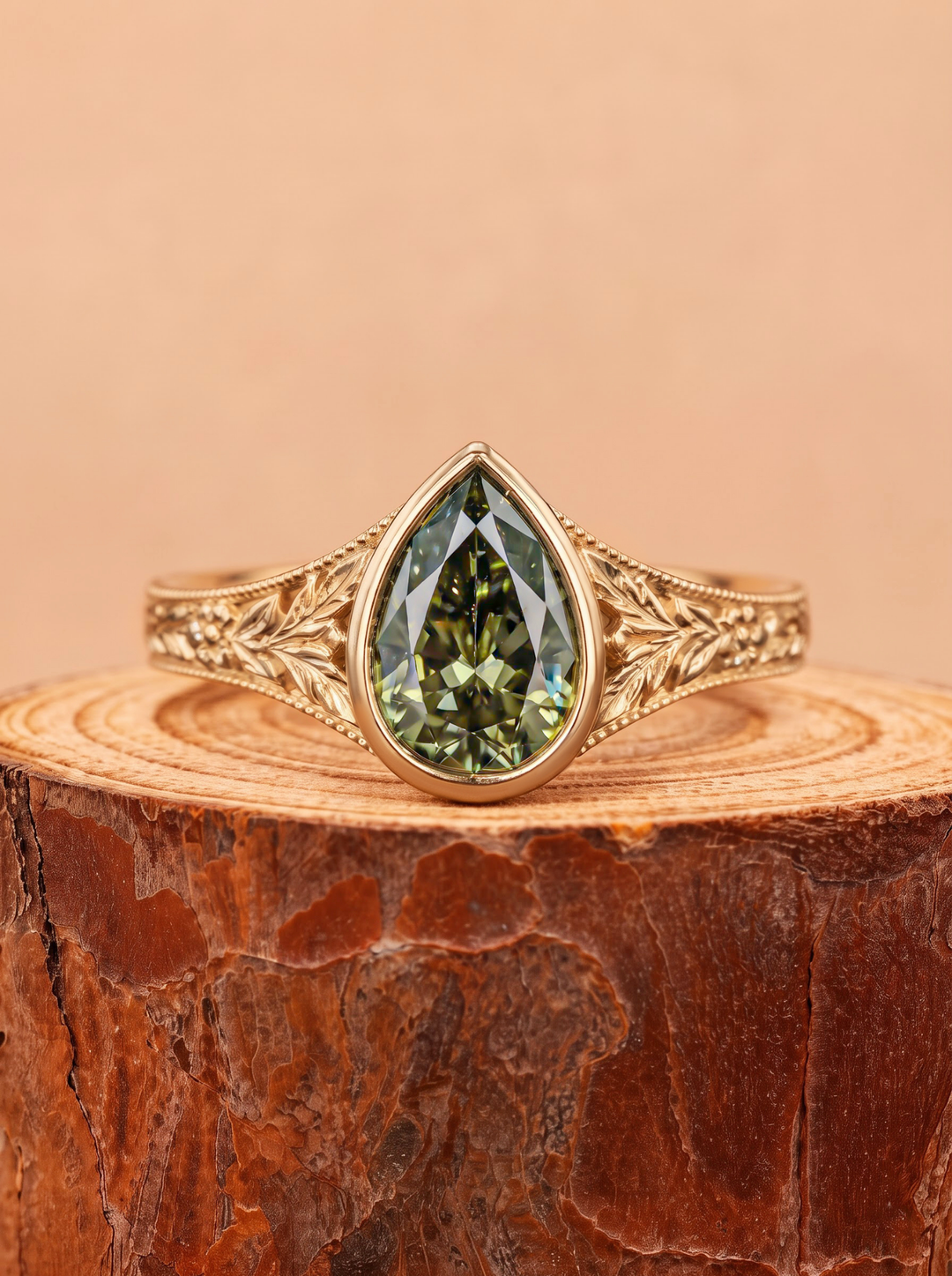 1.0CT to 3.0CT Green Pear Cut Gemstone Vintage Bezel Set Floral Engraved Engagement Ring