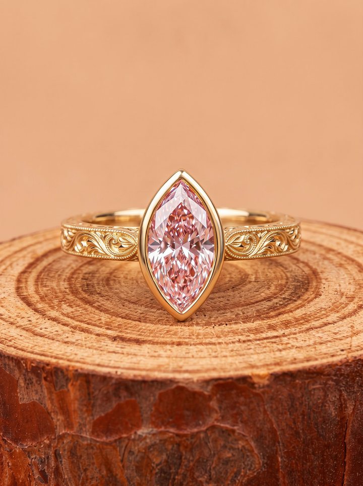 2.0CT Pink Marquise Cut Lab Grown Diamond Vintage Bezel Set Engagement Ring