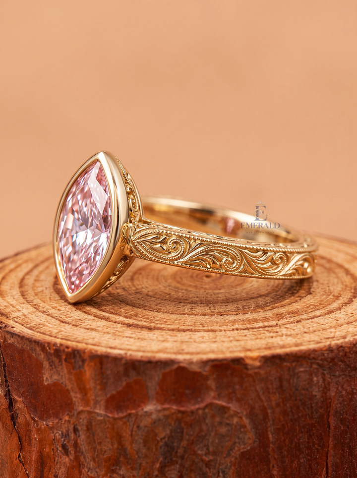 2.0CT Pink Marquise Cut Lab Grown Diamond Vintage Bezel Set Engagement Ring