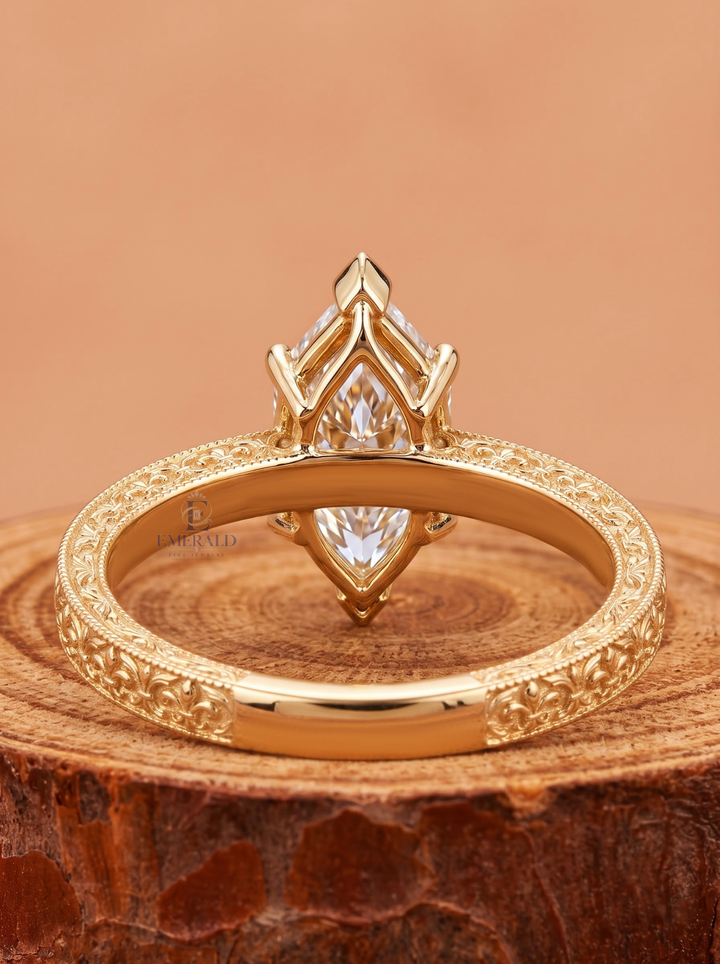 1.0CT to 3.0CT Elongated Hexagon Lab Grown Diamond Antique Engraved Solitaire Engagement Ring