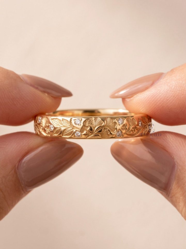Vintage Floral Engraved Lab Grown Diamond Wedding Band For Her