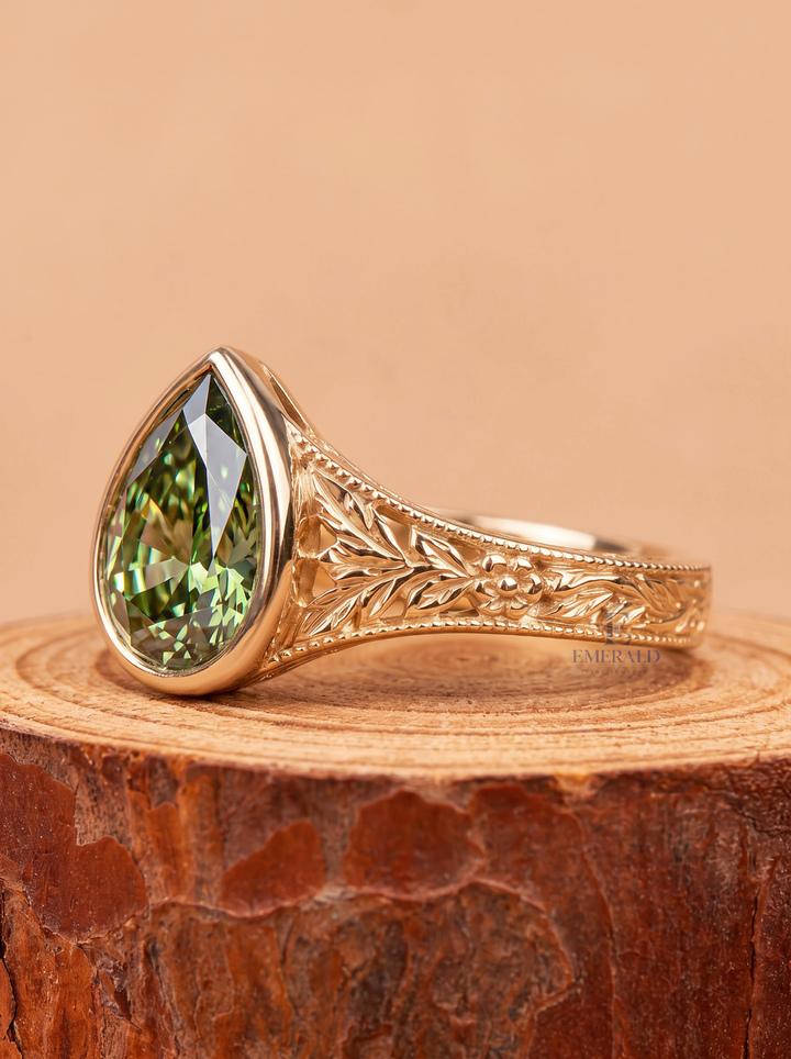 1.0CT to 3.0CT Green Pear Cut Gemstone Vintage Bezel Set Floral Engraved Engagement Ring