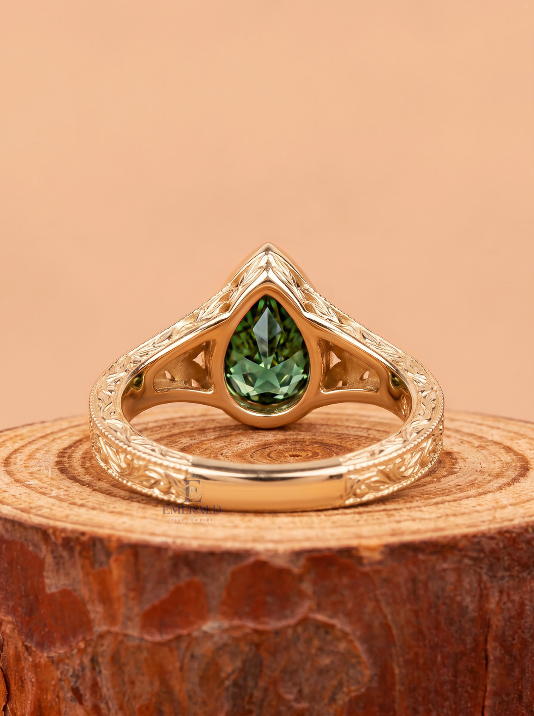 1.0CT to 3.0CT Green Pear Cut Gemstone Vintage Bezel Set Floral Engraved Engagement Ring