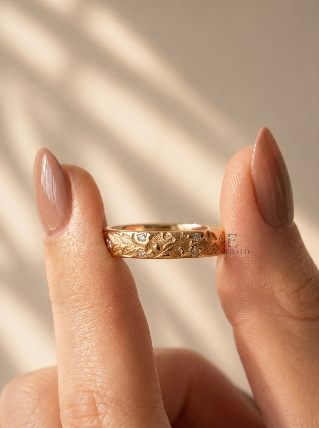 Vintage Floral Engraved Lab Grown Diamond Wedding Band For Her