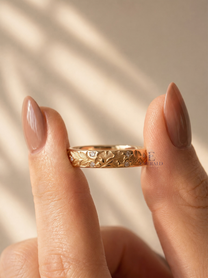 Vintage Floral Engraved Lab Grown Diamond Wedding Band For Her
