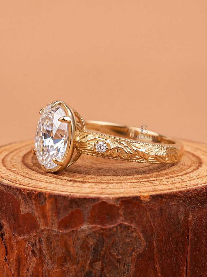 2.0CT Oval Lab Grown Diamond Vintage Engraved Bezel Set Solitaire Engagement Ring
