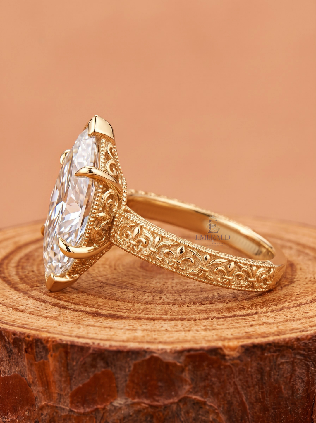 1.0CT to 3.0CT Elongated Hexagon Lab Grown Diamond Antique Engraved Solitaire Engagement Ring