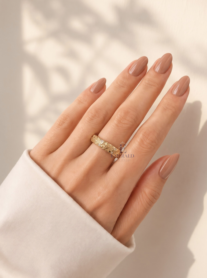 Vintage Floral Engraved Lab Grown Diamond Wedding Band For Her