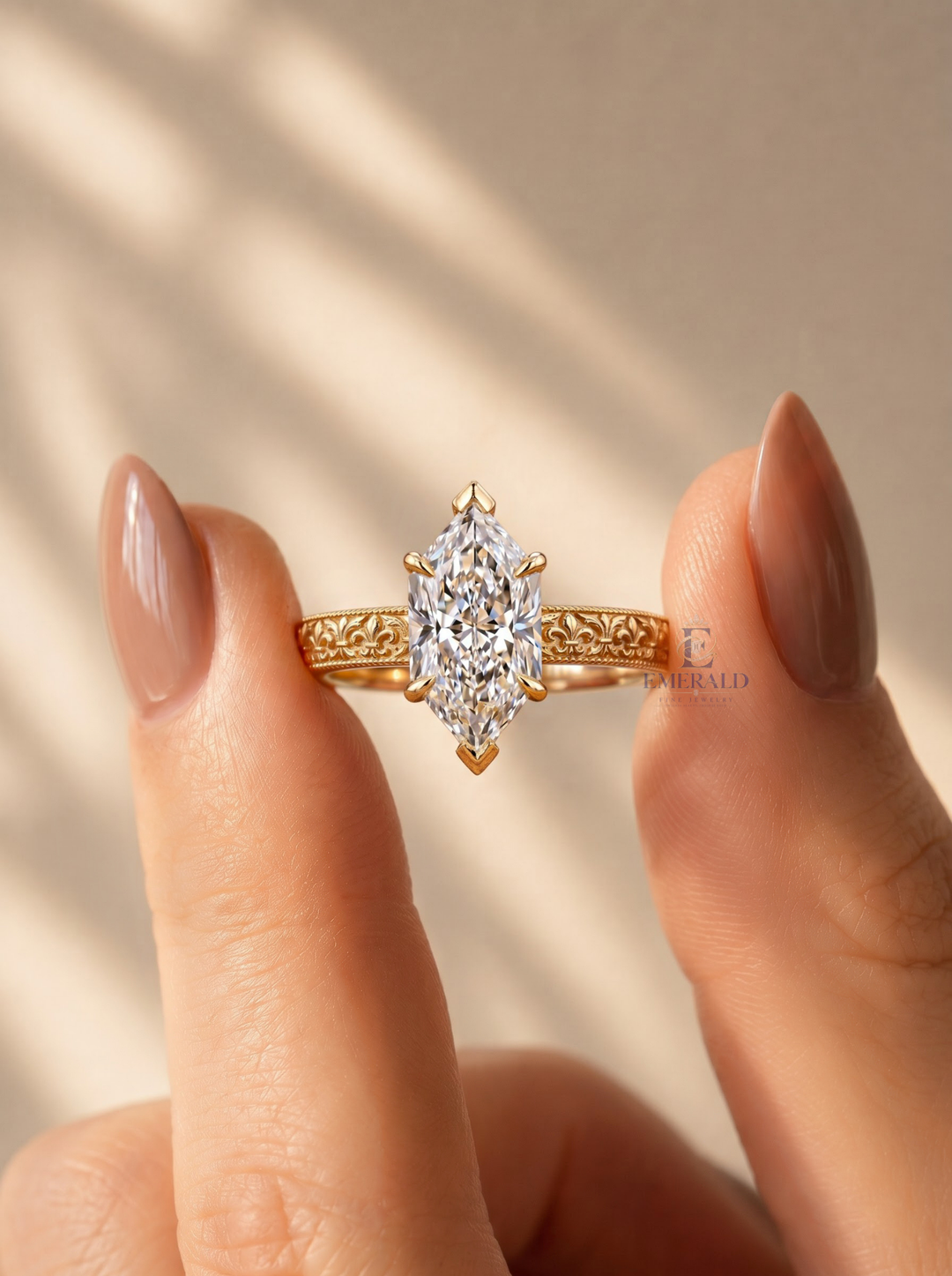 1.0CT to 3.0CT Elongated Hexagon Lab Grown Diamond Antique Engraved Solitaire Engagement Ring
