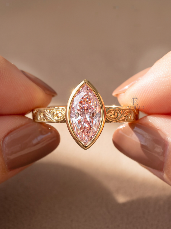 2.0CT Pink Marquise Cut Lab Grown Diamond Vintage Bezel Set Engagement Ring