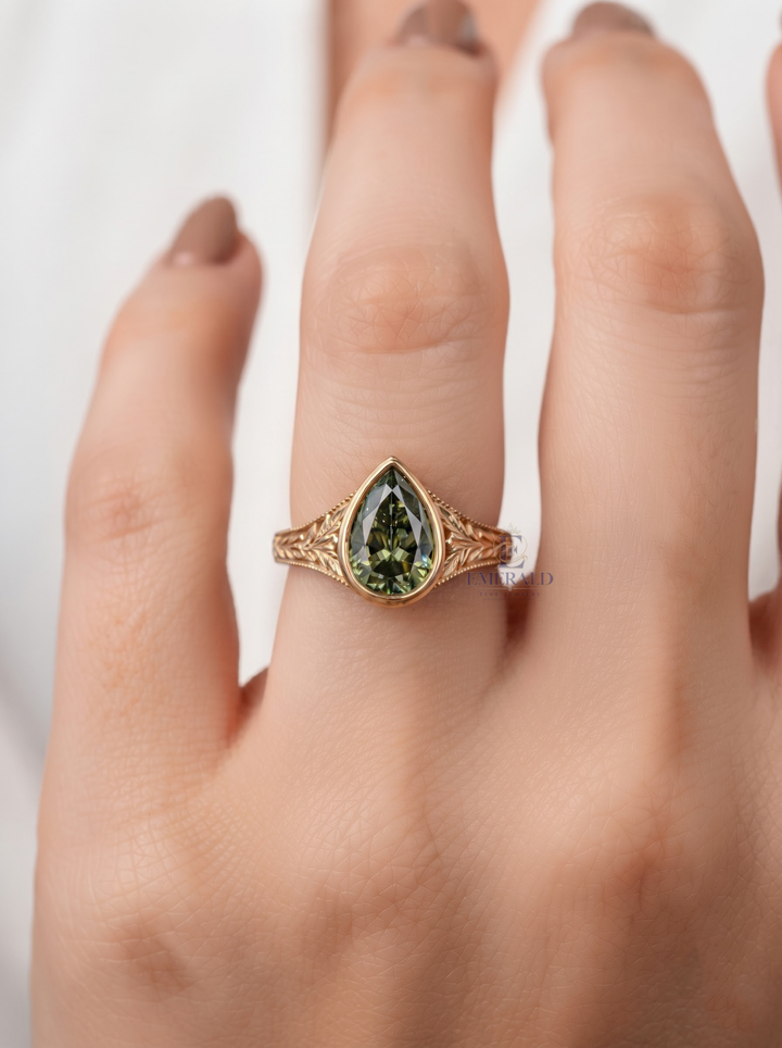 1.0CT to 3.0CT Green Pear Cut Gemstone Vintage Bezel Set Floral Engraved Engagement Ring